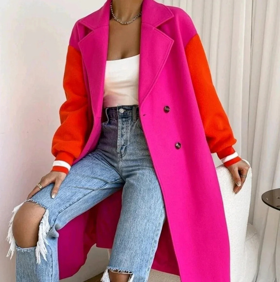 Colorblock Drop Shoulder Double Breasted Overcoat - Picture 1 of 6